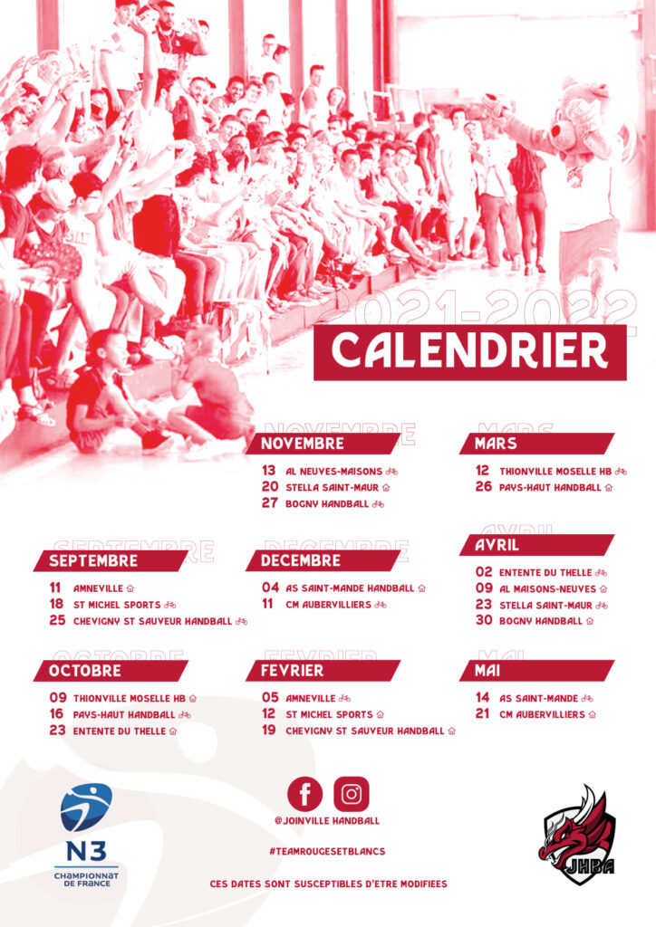 Calendrier du Joinville Handball, en Nationale 3, pour la saison 2021-2022
